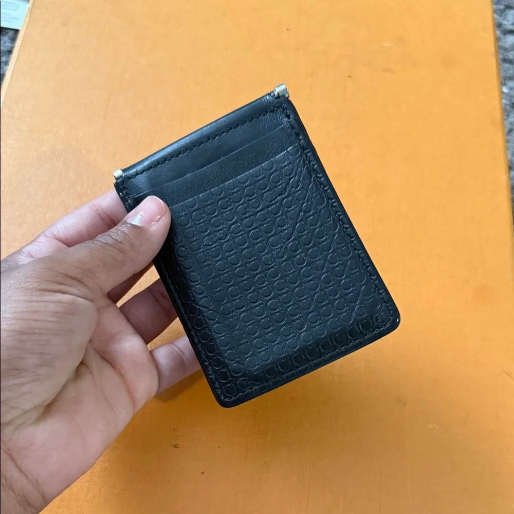 Salvatore Ferragamo Made In Italy Mini Gancino Textured Leather Card Case.